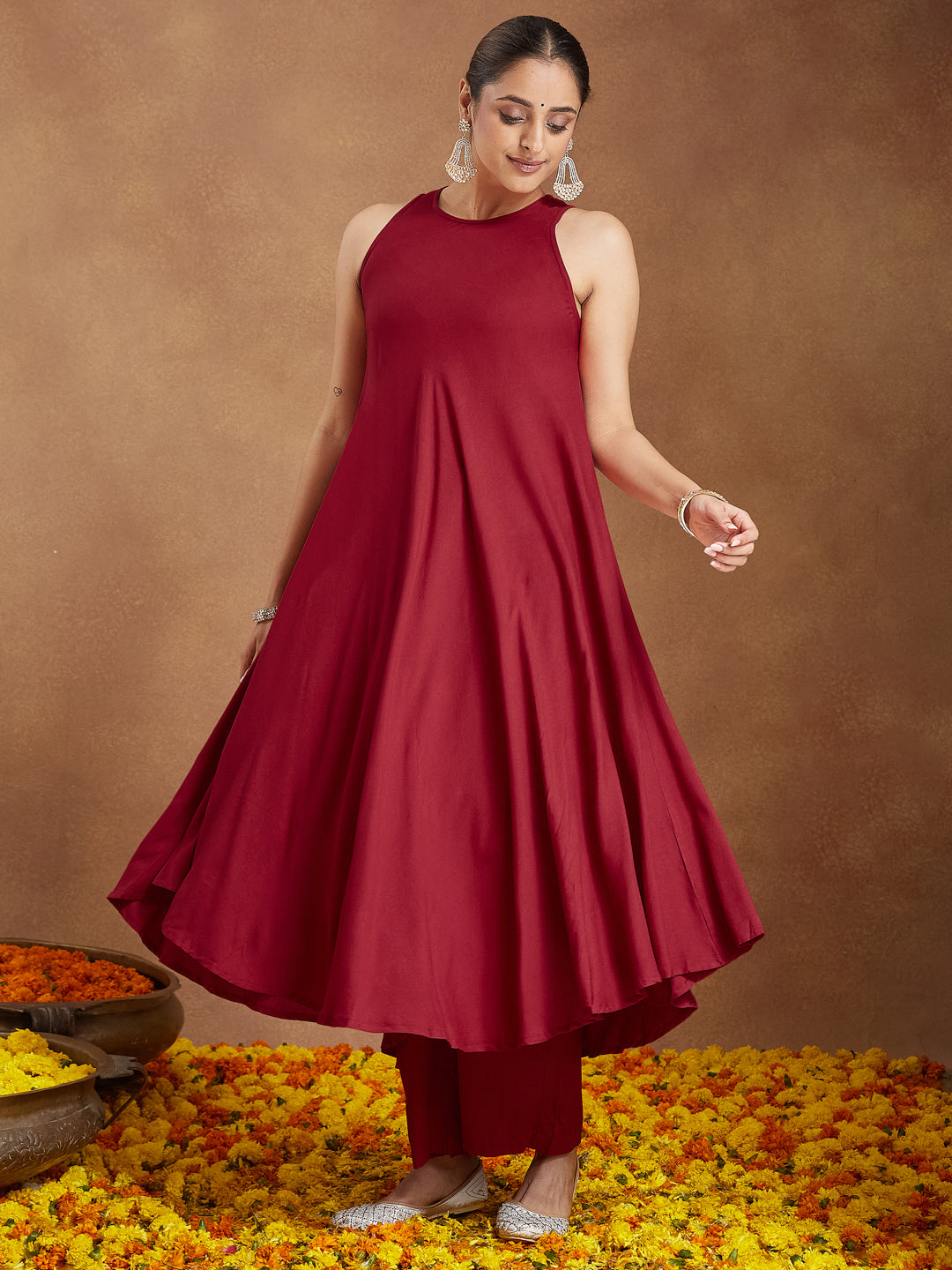 Janasya Women's Maroon Rayon Embellished A-line Flared Kurta Set