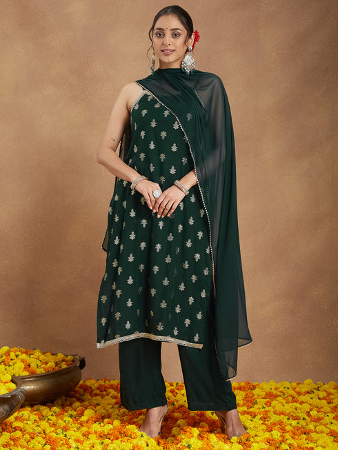 Janasya Women's Dark Green Rayon Embellished Foil Printed Straight Kurta Set