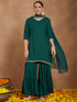 Janasya Women's Dark Green Rayon Embellished Foil Printed Kurta With Sharara & Dupatta Set