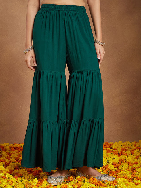 Janasya Women's Dark Green Rayon Embellished Foil Printed Kurta With Sharara & Dupatta Set