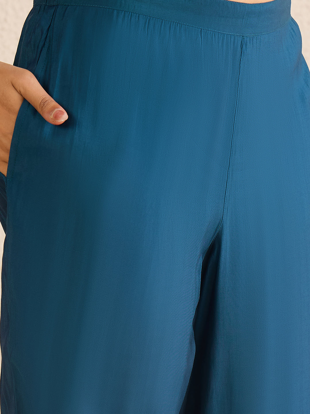 Janasya Women's Teal Blue Chanderi Silk Zari Embroidered A-Line Kurta Set