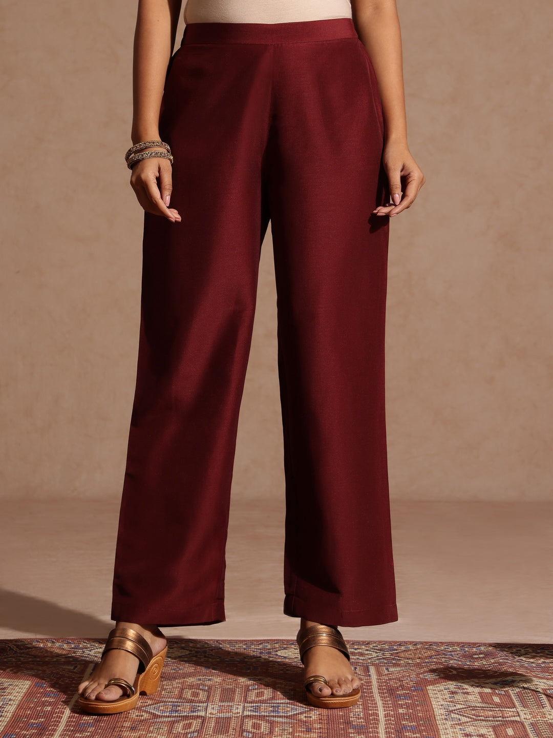 Janasya Women's Maroon Silk Blend Foil Printed Yoke Embroidered A-line Kurta Set