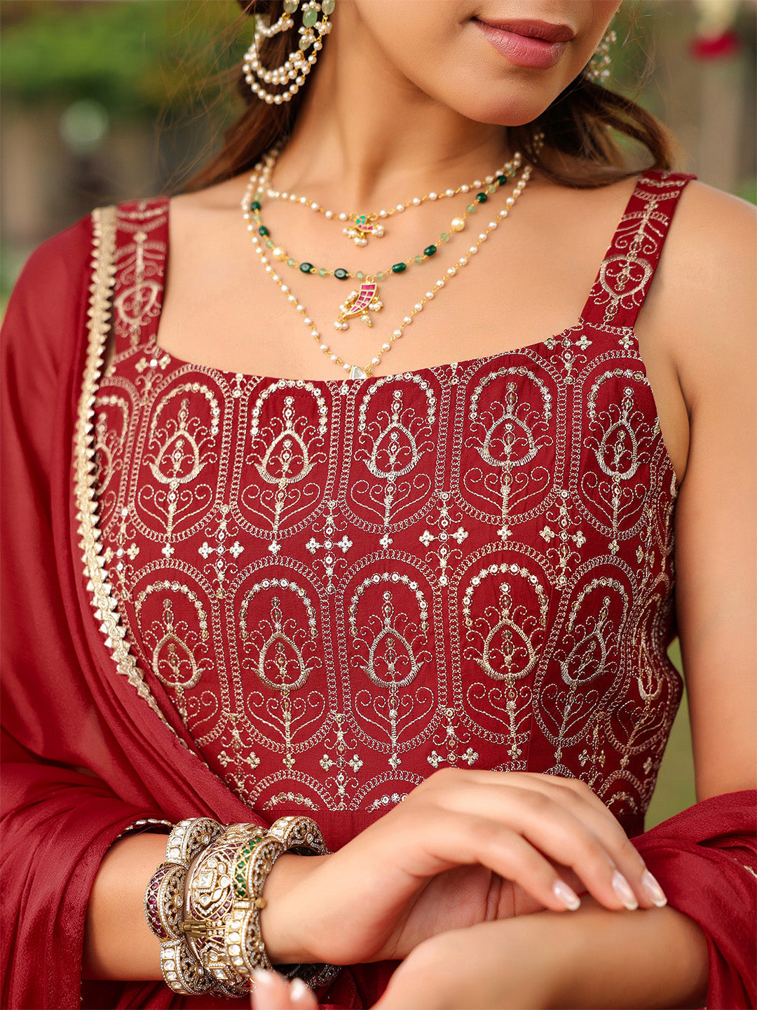 Janasya Women's Maroon Chanderi Silk Zari Embroiderd A-line Kurta Set