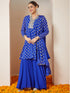 Janasya Women's Royal Blue Georgette Embellished Gold Printed A-line Kurta With Sharara & Dupatta Set