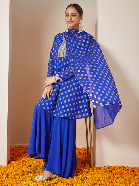 Janasya Women's Royal Blue Georgette Embellished Gold Printed A-line Kurta With Sharara & Dupatta Set