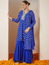 Janasya Women's Royal Blue Georgette Embellished Gold Printed A-line Kurta With Sharara & Dupatta Set