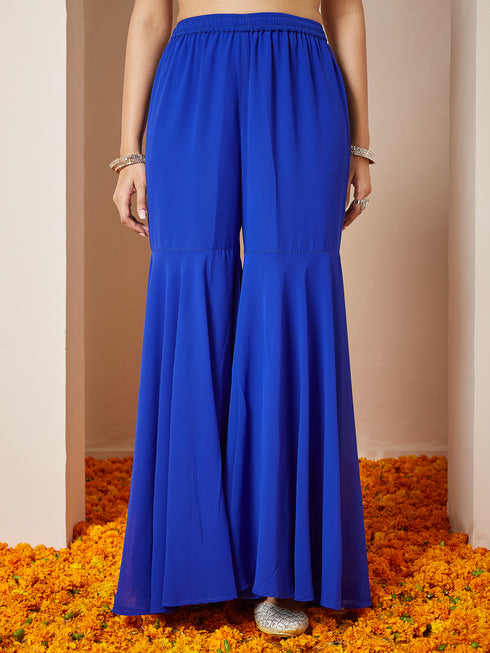 Janasya Women's Royal Blue Georgette Embellished Gold Printed A-line Kurta With Sharara & Dupatta Set