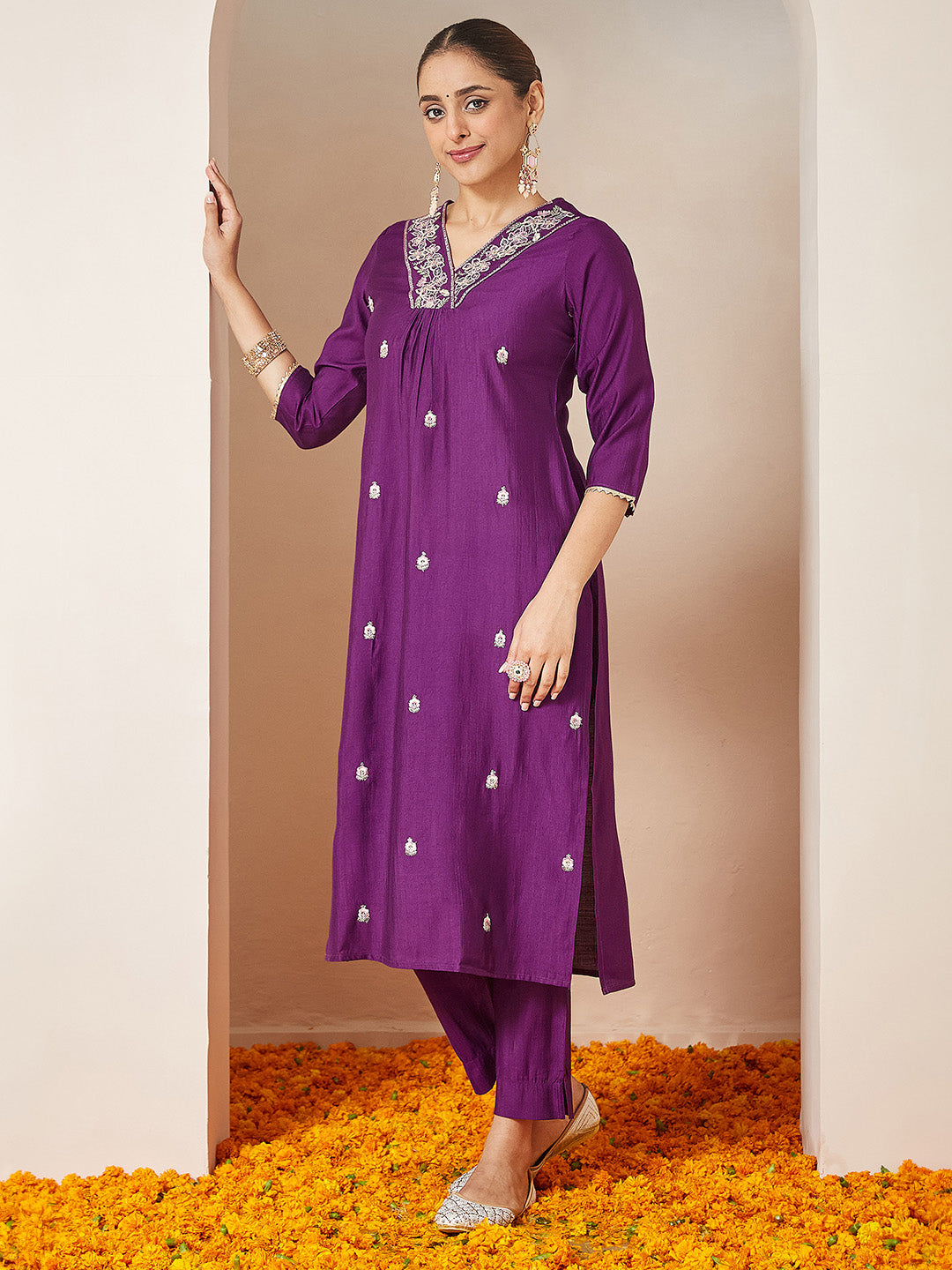 Janasya Women's Purple Silk Blend Embroidered A-line Kurta Set