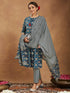 Janasya Women's Teal Blue Pure Cotton Floral Printed Straight Kurta Set