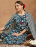 Janasya Women's Teal Blue Pure Cotton Floral Printed Straight Kurta Set