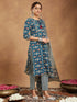 Janasya Women's Teal Blue Pure Cotton Floral Printed Straight Kurta Set