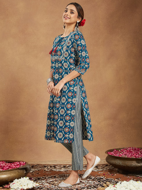 Janasya Women's Teal Blue Pure Cotton Floral Printed Straight Kurta Set