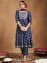 Janasya Women's Navy Blue Pure Cotton Yoke Embroidered Floral Printed Anarkali Kurta Set