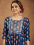 Janasya Women's Navy Blue Pure Cotton Yoke Embroidered Floral Printed Anarkali Kurta Set