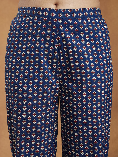 Janasya Women's Navy Blue Pure Cotton Yoke Embroidered Floral Printed Anarkali Kurta Set