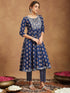 Janasya Women's Navy Blue Pure Cotton Yoke Embroidered Floral Printed Anarkali Kurta Set