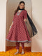 Janasya Women's Maroon Pure Cotton Ikkat Printed Anarkali Kurta Set