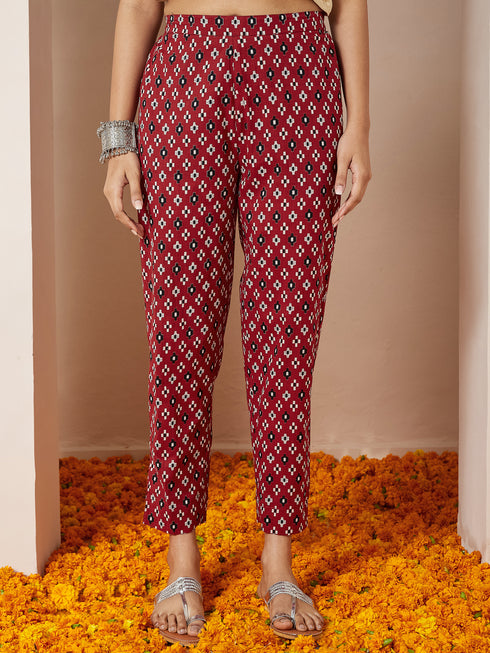 Janasya Women's Maroon Pure Cotton Ikkat Printed Anarkali Kurta Set