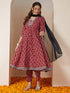 Janasya Women's Maroon Pure Cotton Ikkat Printed Anarkali Kurta Set