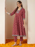 Janasya Women's Maroon Pure Cotton Ikkat Printed Anarkali Kurta Set