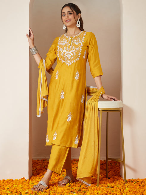 Janasya Women's Mustard Silk Blend Embroidered Straight Kurta Set