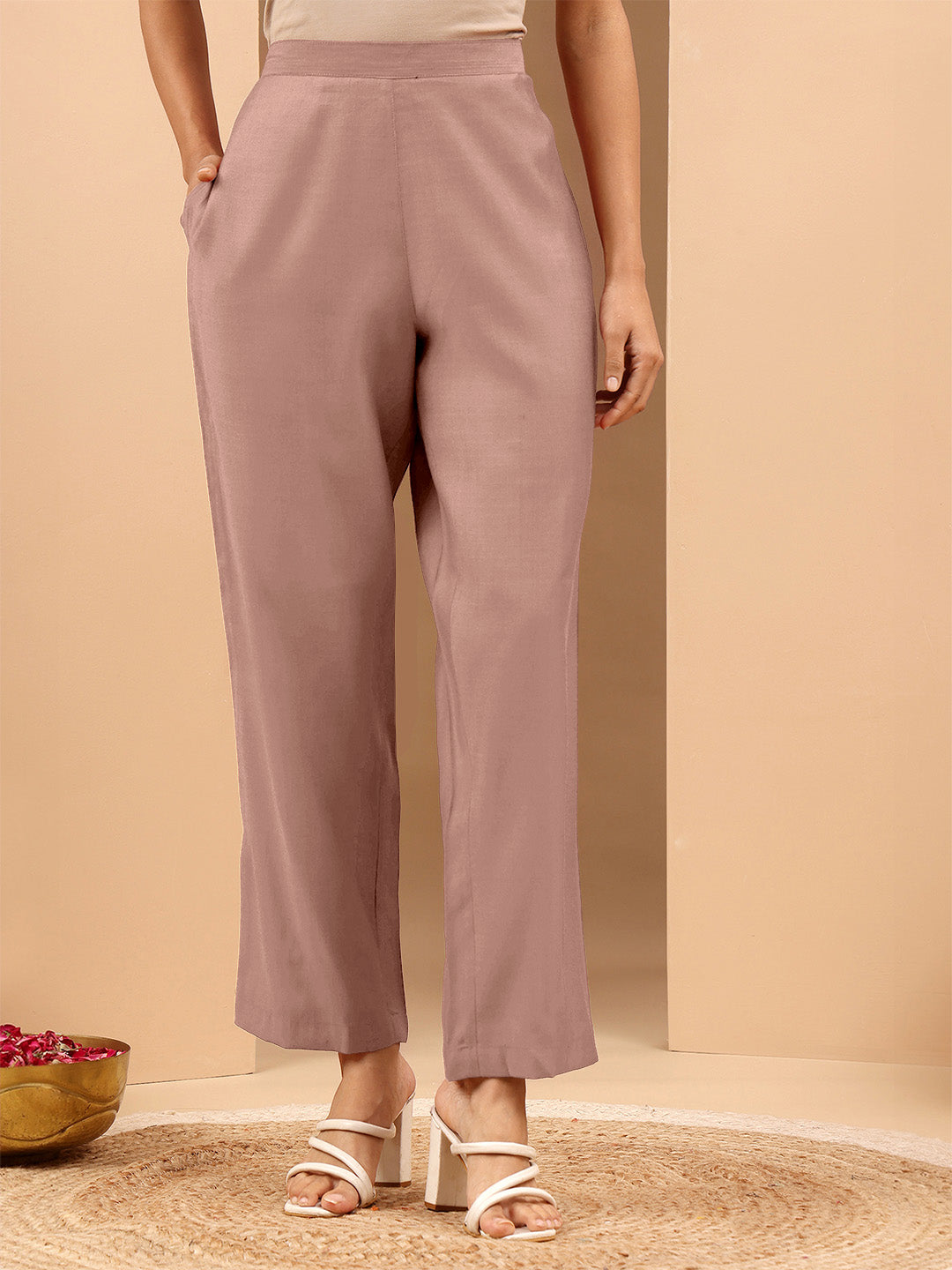 Janasya Women's Brown Silk Blend Embroidered Straight Kurta Set