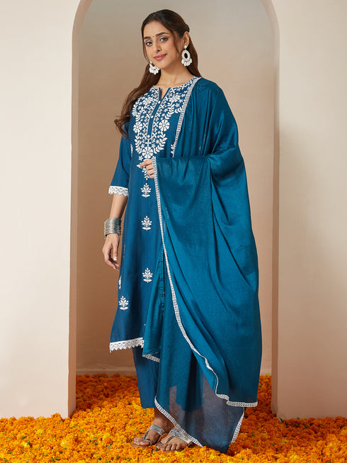 Janasya Women's Teal Blue Silk Blend Embroidered Straight Kurta Set