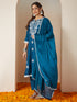 Janasya Women's Teal Blue Silk Blend Embroidered Straight Kurta Set