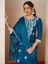 Janasya Women's Teal Blue Silk Blend Embroidered Straight Kurta Set