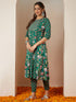 Janasya Women's Green Pure Cotton Floral Printed Yoke Design Anarkali Kurta Set