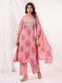 Janasya Women's Pink Pure Cotton Yoke Embroidered Floral Printed A-line Kurta Set