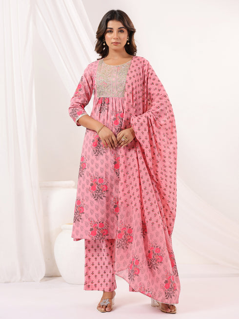 Janasya Women's Pink Pure Cotton Yoke Embroidered Floral Printed A-line Kurta Set