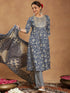 Janasya Women's Blue Pure Cotton Floral Printed Anarkali Kurta Set