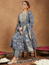 Janasya Women's Blue Pure Cotton Floral Printed Anarkali Kurta Set