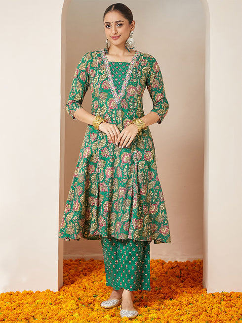 Janasya Women's Dark Green Pure Cotton Floral Printed Yoke Embroidered A-line Kurta Set