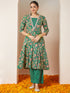 Janasya Women's Dark Green Pure Cotton Floral Printed Yoke Embroidered A-line Kurta Set