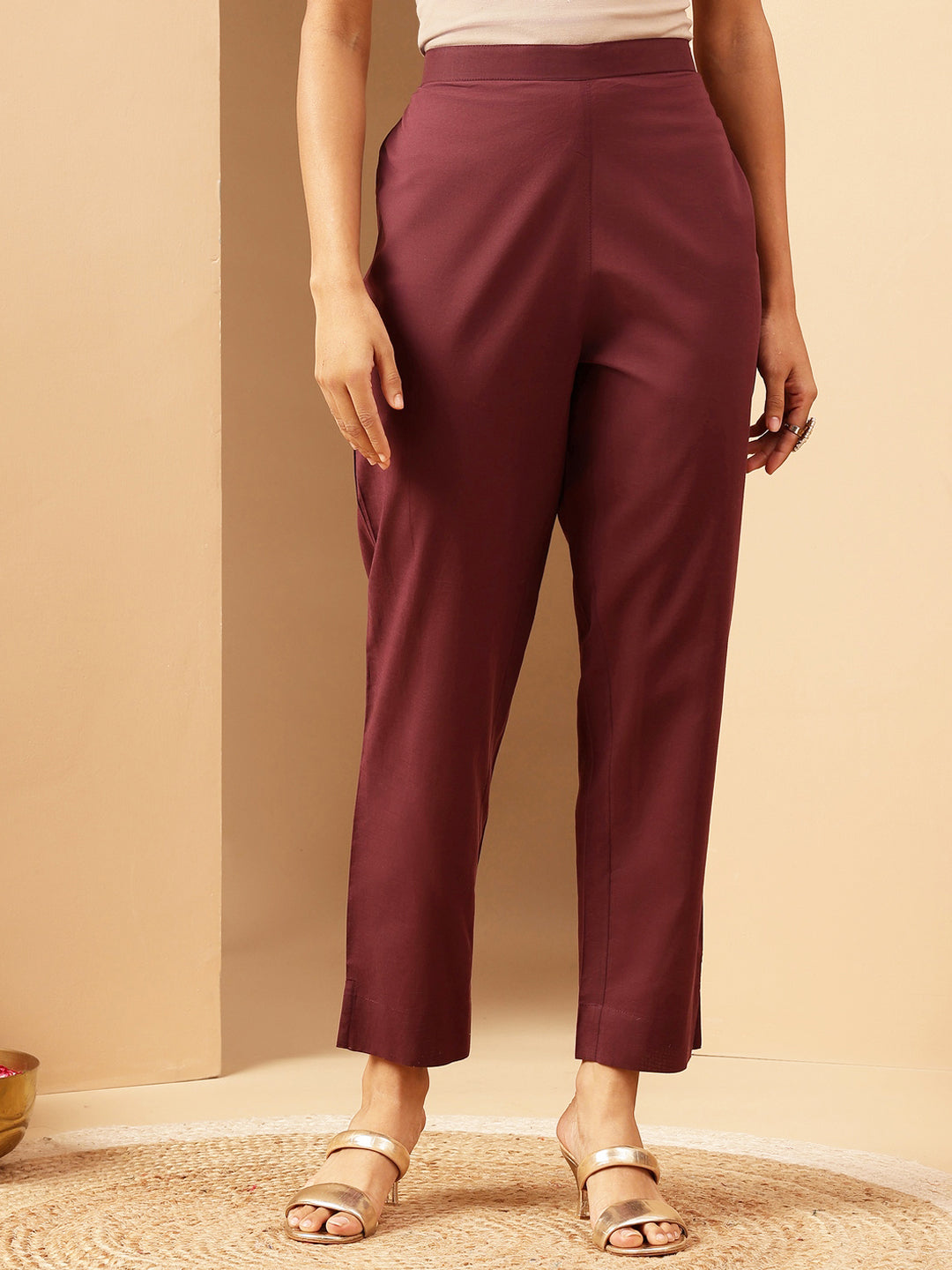 Janasya Women's Bungundy Pure Cotton Yoke Embroidered A-line Kurta Set