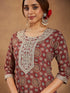 Janasya Women's Maroon Pure Cotton Ethnic Motifs Printed Straight Kurta Set