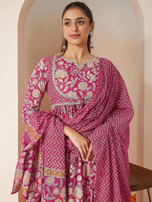 Janasya Women's Pink Pure Cotton Embellished Floral Printed A-line Kurta Set