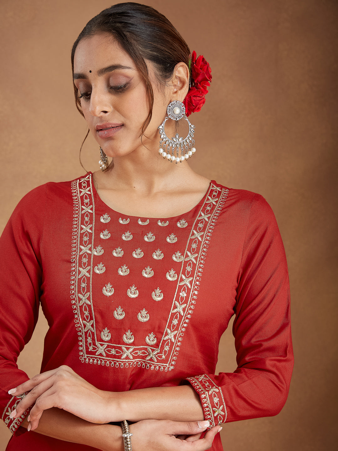 Janasya Women's Red Rayon Yoke Embroidered Straight Kurta Set
