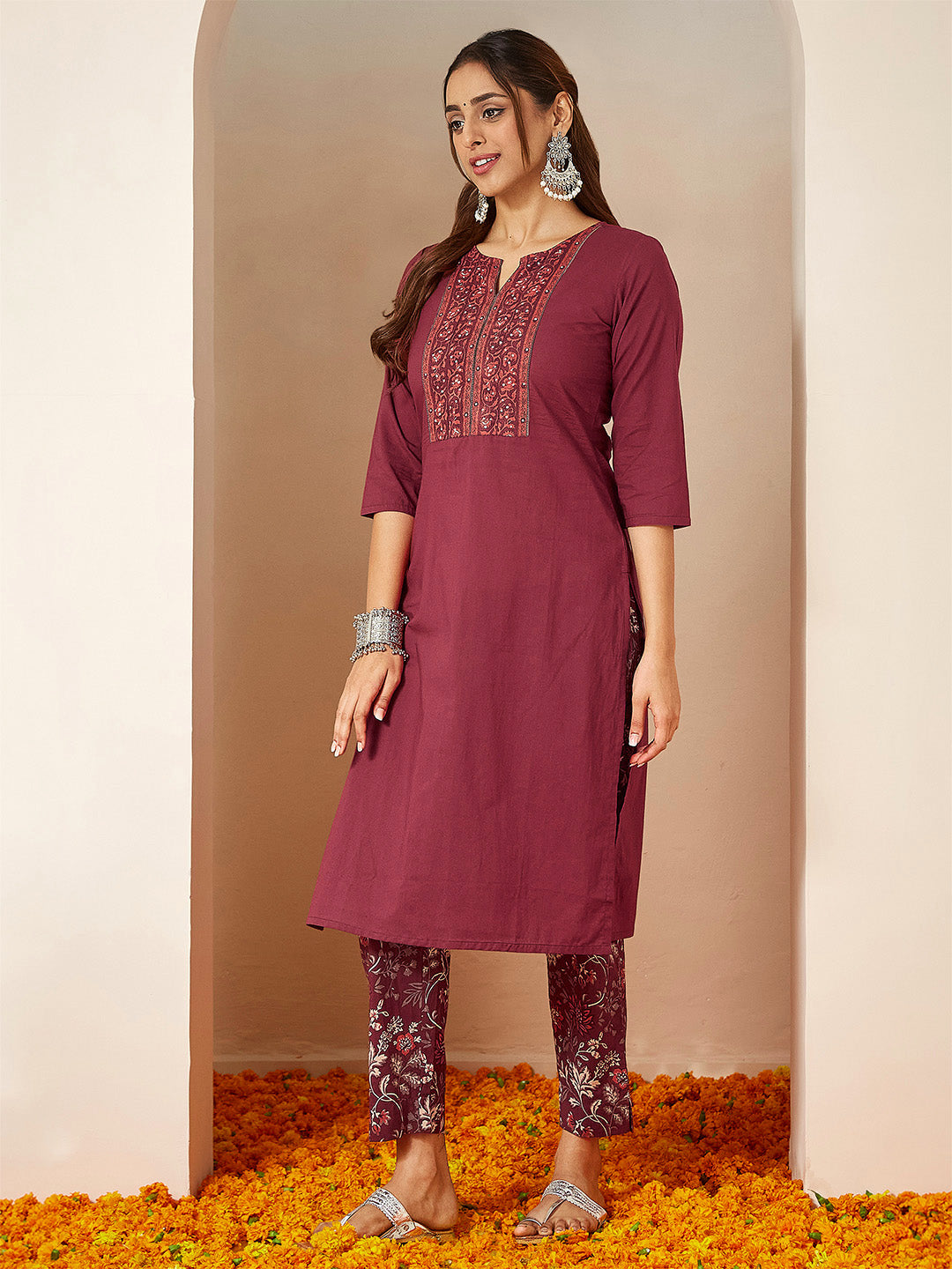 Janasya Women's Burgundy Pure Cotton Embellished Straight Kurta Set