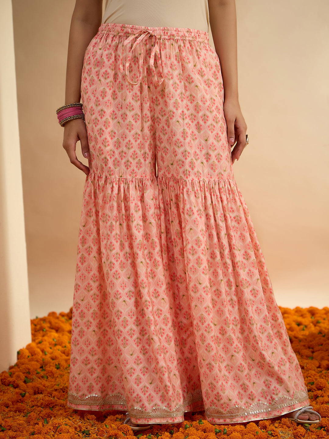 Janasya Women's Peach Chanderi Silk Floral Embroidered Straight Kurta Sharara Set