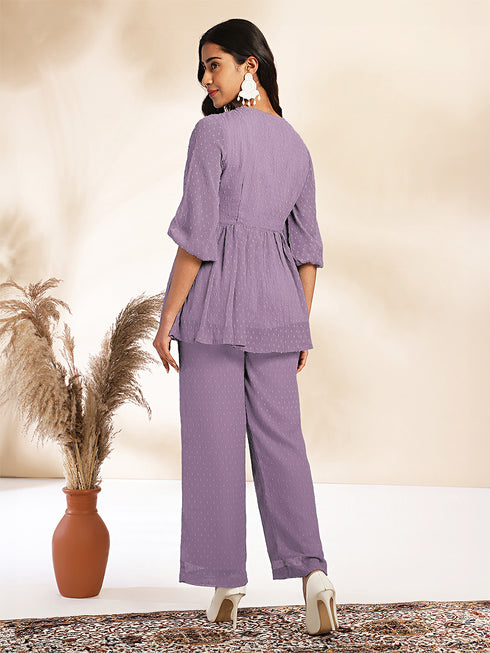 Lavender Dobby Chiffon Self Design Peplum Co-Ord Set