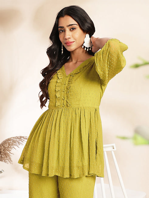 Mustard Dobby Chiffon Self Design Co-Ord Set