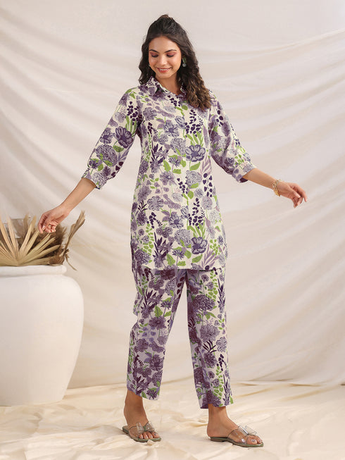 Cream Pure Cotton Floral Printed Straight Co-ord Set