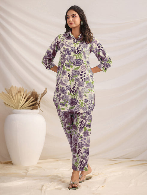 Cream Pure Cotton Floral Printed Straight Co-ord Set