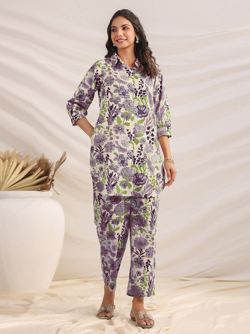 Cream Pure Cotton Floral Printed Straight Co-ord Set