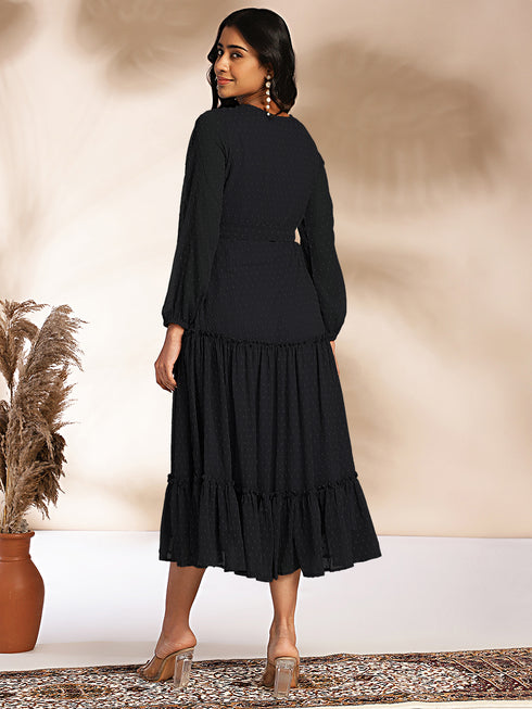 Black Dobby Chiffon Woven Design Tiered Dress