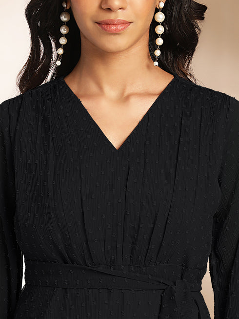 Black Dobby Chiffon Woven Design Tiered Dress