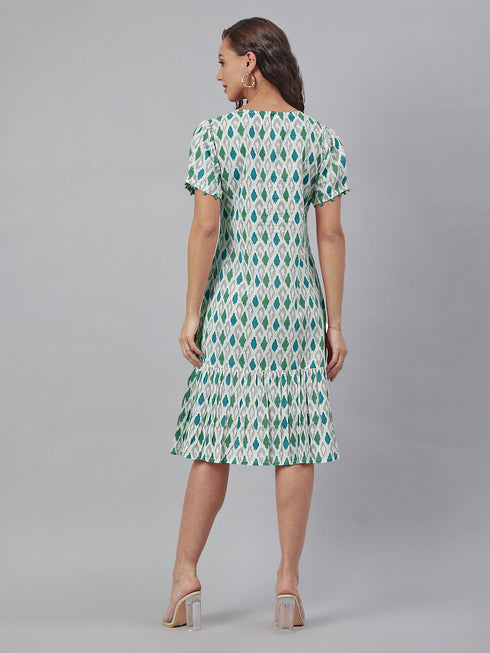 White Pure Cotton Ikkat Printed A-Line Dress